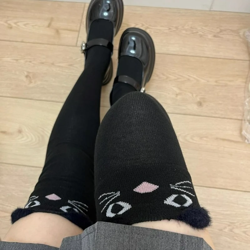 Women's Cotton Cat Bear Printed Stockings JK Japanese Style Cute Knitted Over The Knee Socks Thigh High Warm Thicken Long Sock
