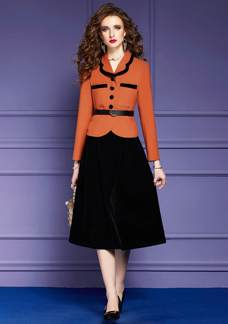 

ZJYT Elegant Single Breasted Belt Jacket+Velour Skirt Suit 2 Pieces Womens Outfits Office Work Wear Autumn Winter Dress Sets