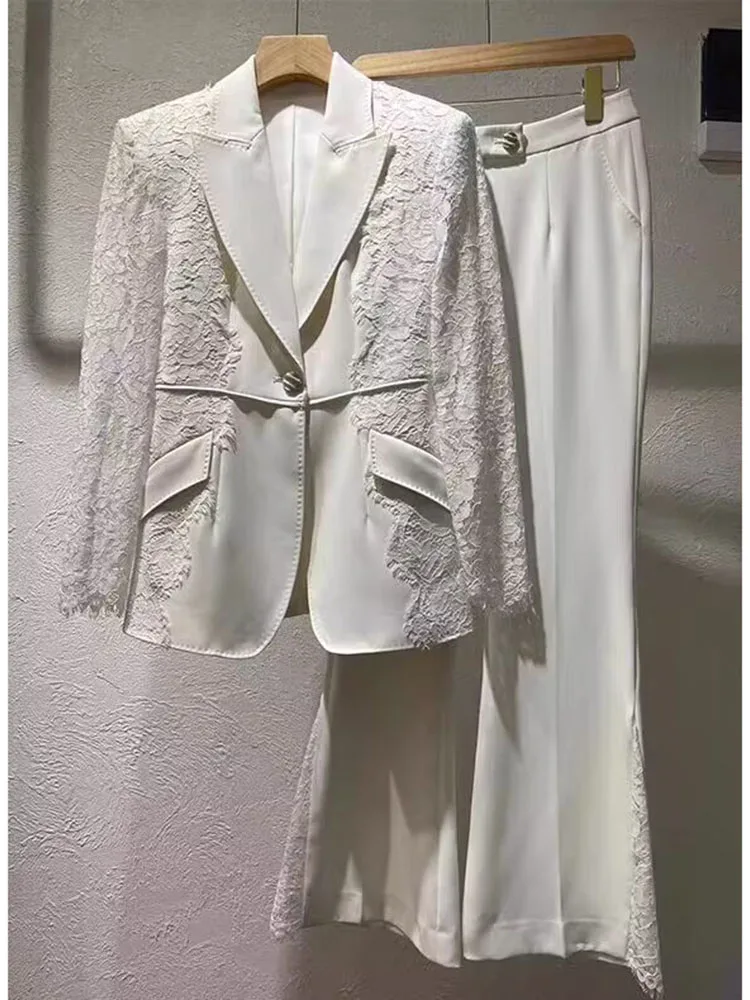 HIGH STREET Newest 2024 Runway Designer Slim Suit Set Elegant Women's Lace Patchwork Single Button Blazer Flare Pants Set 2piece