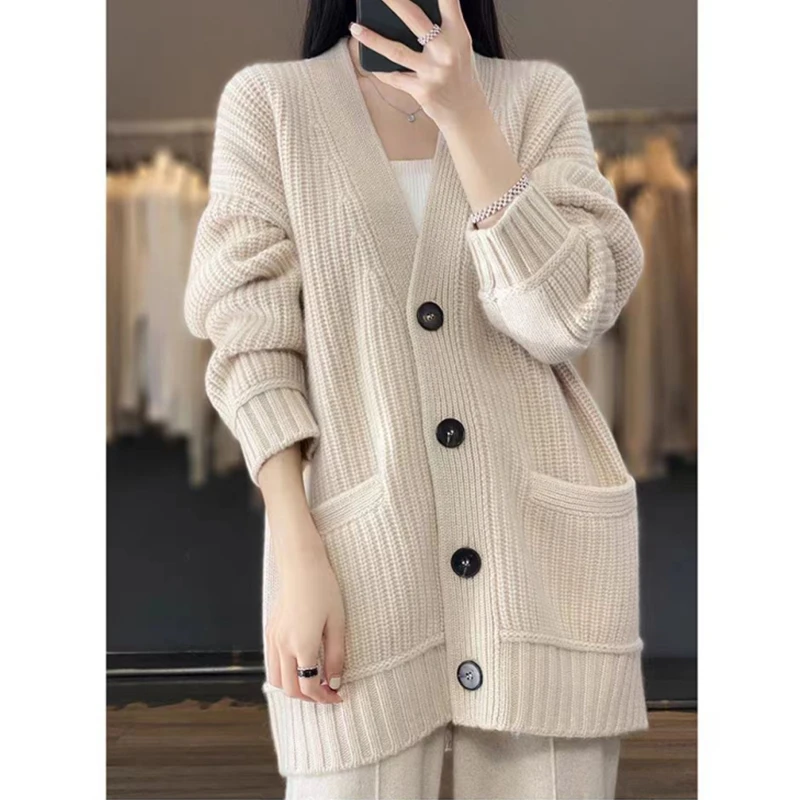 New V-neck Cardigan Women's Sweater Loose Long Sleeved Casual Knitted Fashionable Office Solid Color Pocket Jacket
