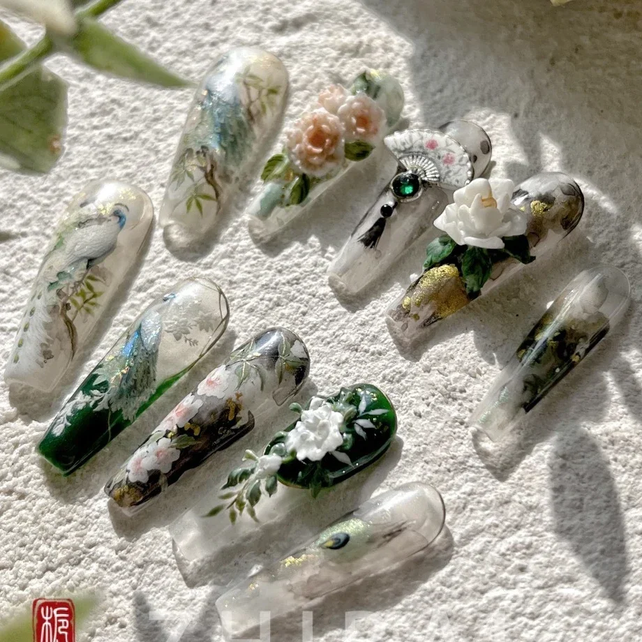 Luxury Peacock Feather Phoenix Crane Auspicious Clouds Chinese God Deer Lotus Flowers Totem Nail Art Stickers DIY Manicure Decal 6