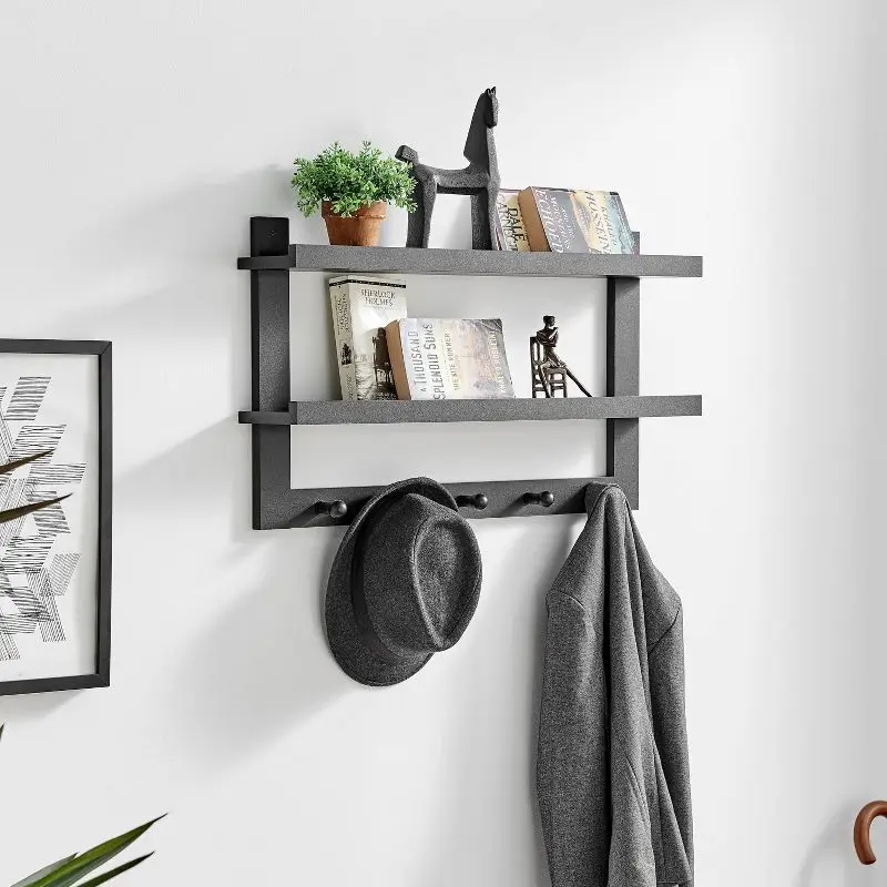 

Dual-Tone 29"x16" 2-Tier Ledge Wall Shelf Organizer with Five Hanging Hooks