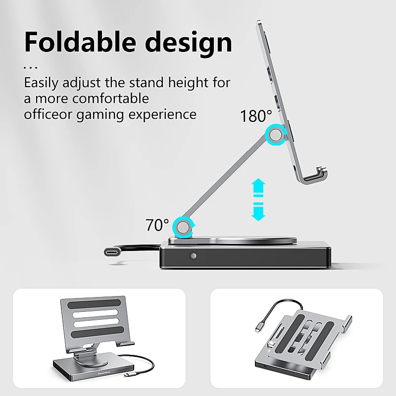 USB C Hub With 360° Rotating Stand HDMI 4K60Hz PD100W USB 5Gbps SD TF Aux 3.5mm RJ45 for iPad Pro Tablet Docking Station 6