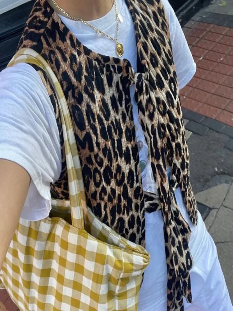 Leopard Print Lace Up Bow Vest Women Vintage Elegant V-Neck Hollow Out Sleeveless Lady Top Summer Split Casual Female Blouses