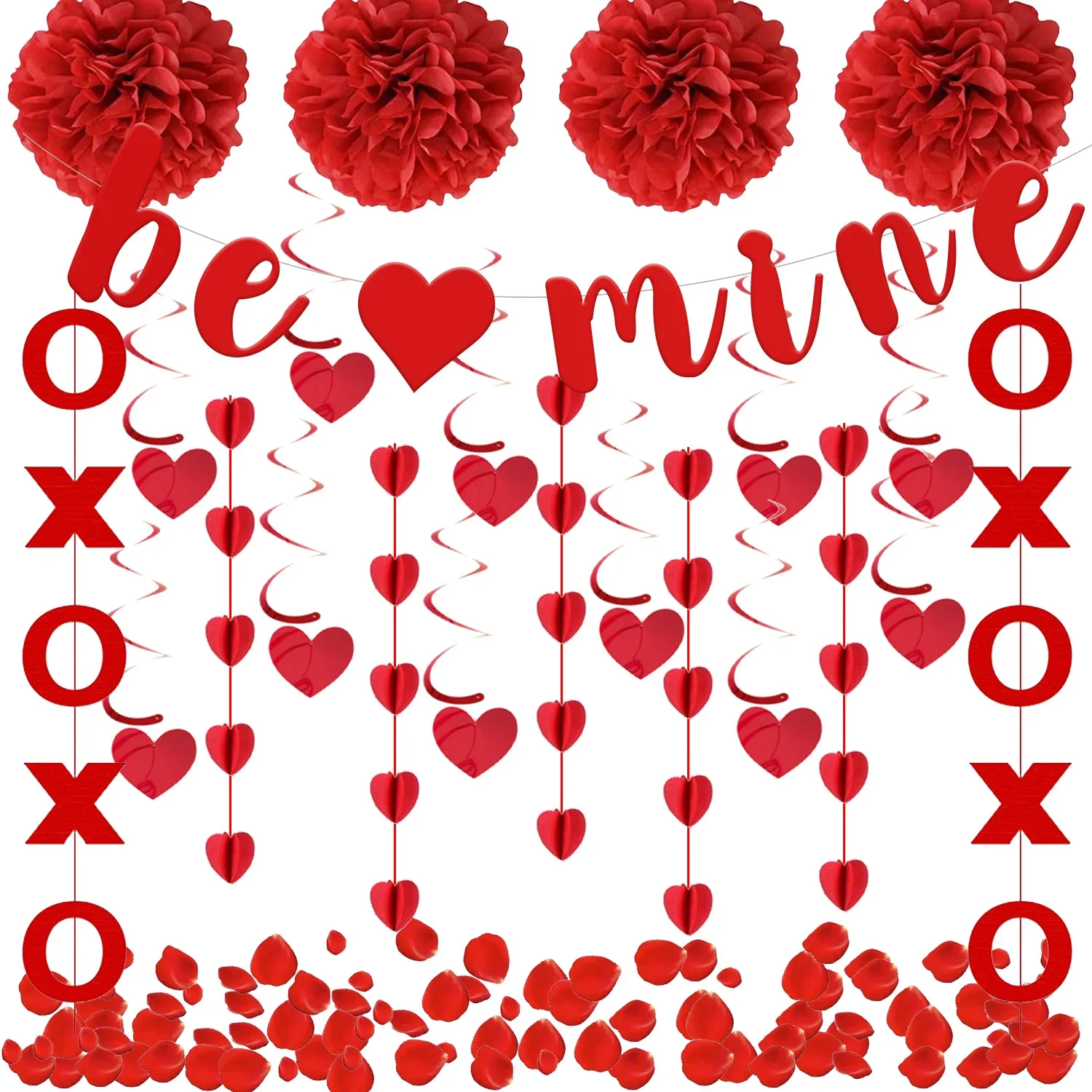 

Valentine's Day Decor Set, Hanging Swirls, Love Heart Garlands, Wedding Anniversary, Party Supplies, Be Mine Banner