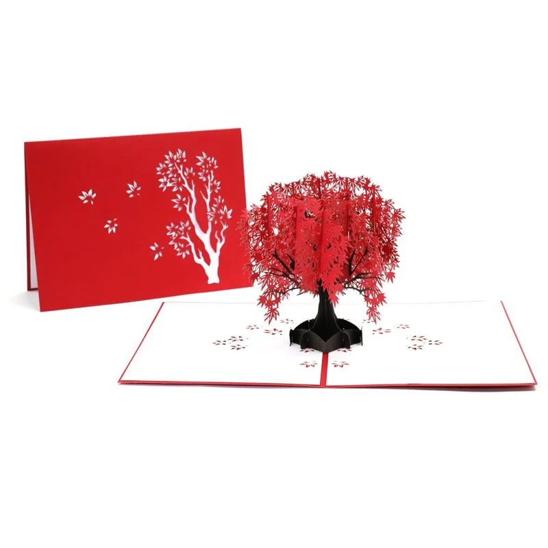 

3D Pop Up It Red Maple Tree Thank You Cards New Year Gifts Geeting Card With Envelope Postcards Send Best Wishes To Lover Friend