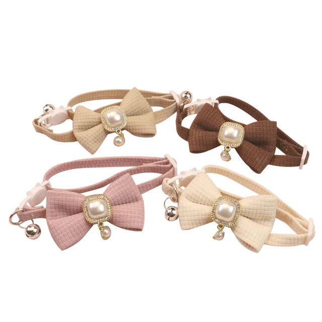New Waffle Pet Collar Cute Bow Bell Cat Collar Retro Pearl Pendant Dog Collar Accessories 4