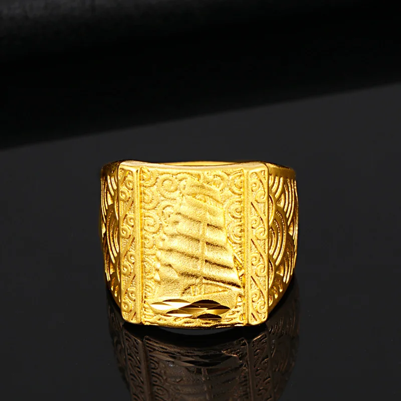 

Real 24k Yellow Gold Color Rings Men's Solid Gold Sailboat Dragon Ring Adjustable Gold Rings Jewelry for Wedding Gift Not Fade