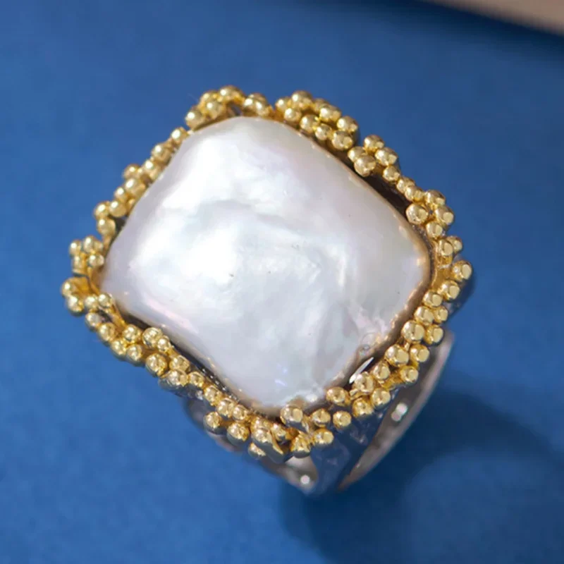 S925 sterling silver rings for women men new fashion ethnic style baroque pearl contrast colored hollow jewelry free shipping