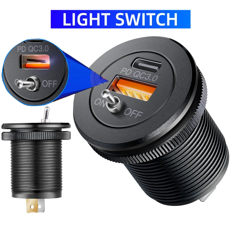 Caricatore USB Auto 3 In 1 Con QC3.0 E PD Type-C, Interruttore On/Off E LED Blu - Presa 12V/24V Fai Da Te