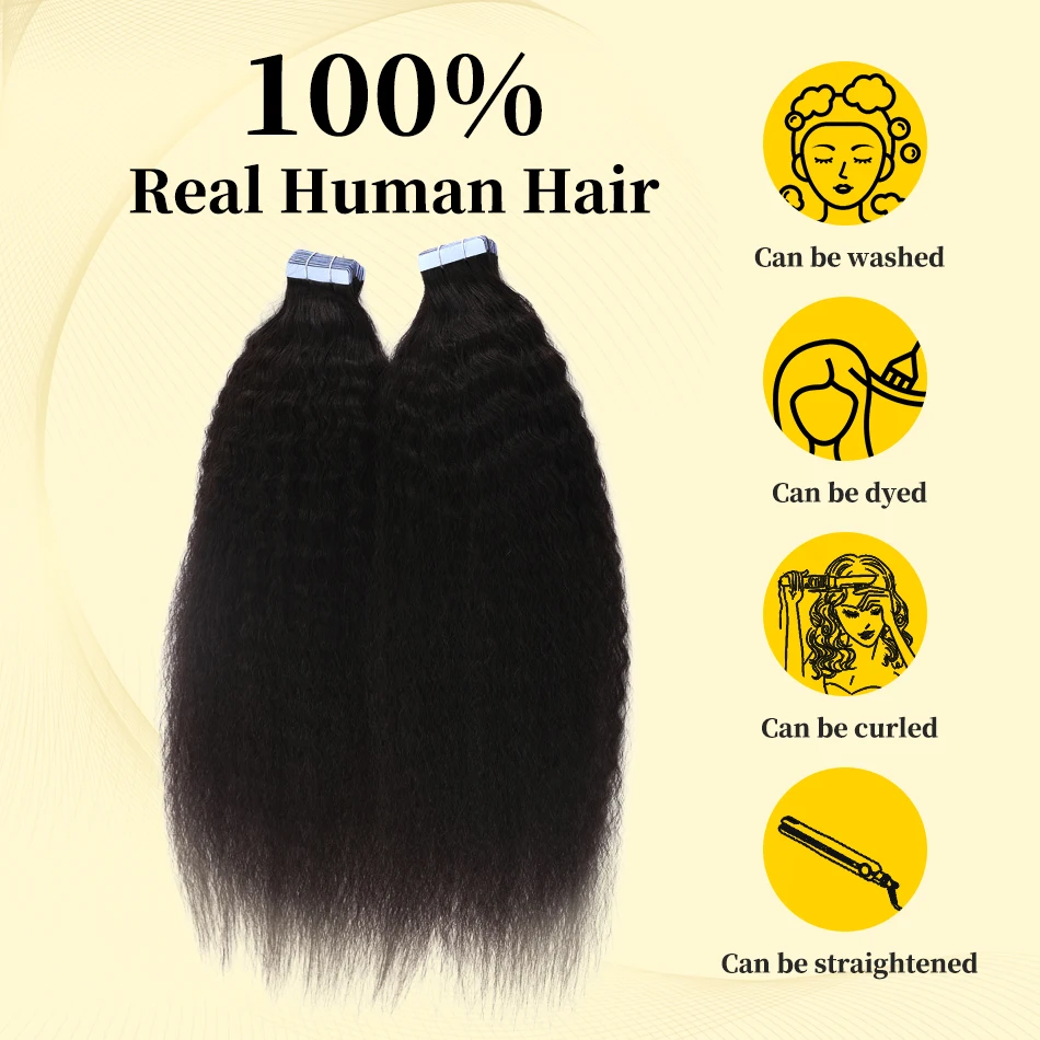 Kinky Straight Tape In Human Hair Extensions 100% Remy Hair Invisible Skin Weft Tape Ins Natural Color Yaki Straight for Women