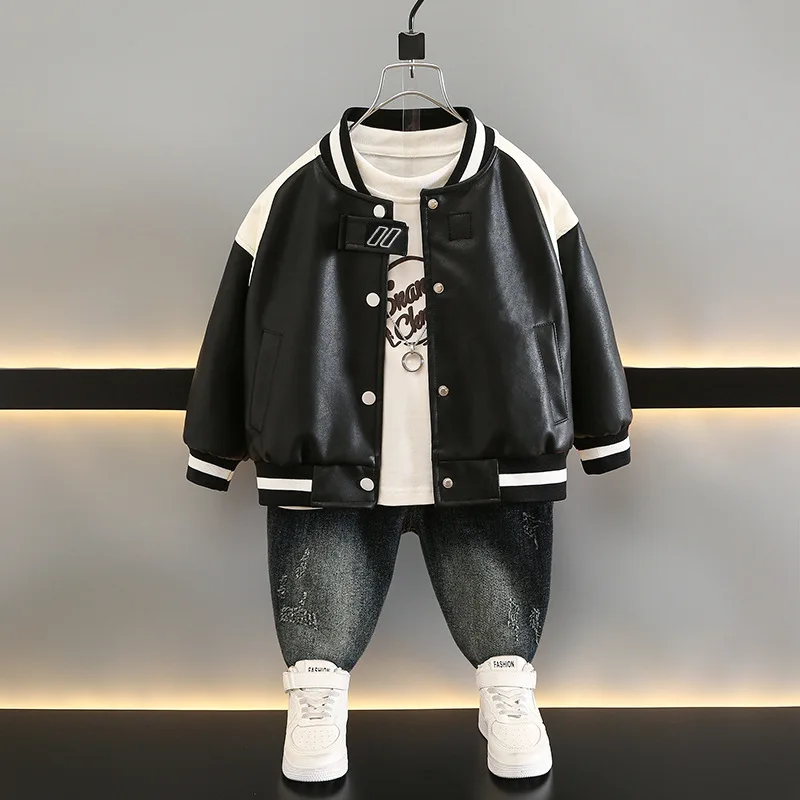Boys' Leather Jacket Autumn Wear 3-8 Year Old New Children's Korean Westernized PU Jacket for Children's Handsome Motorcycle Top