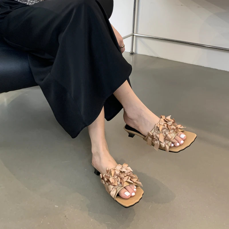 

3cm Low Heeled Slippers Women Shoes Small Heels Black Bow Square Toe Summer Sandals Ladies Slippers Comfort Sandalias 2024 Mujer