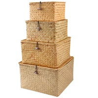Set of 4 Seagrass Basket with Lid Wicker Storage Basket Decor Storage Boxes Flat Storage Bins Woven Organizer Baskets for Shelf 2