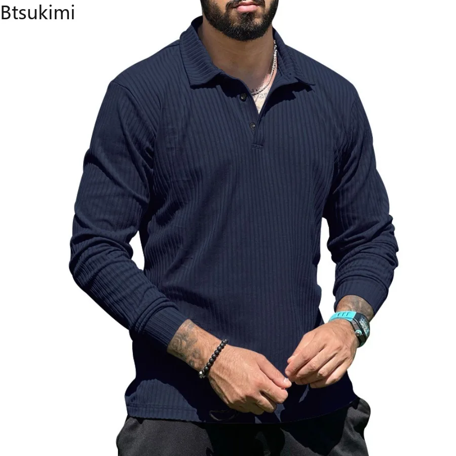 Nuova Maglia Polo da Uomo a Maniche Lunghe, Tinta Unita, Vestibilità Slim, Anti-Striature, Popolare Pullover in Maglia, Abbigliamento Streetwear - immagine 4