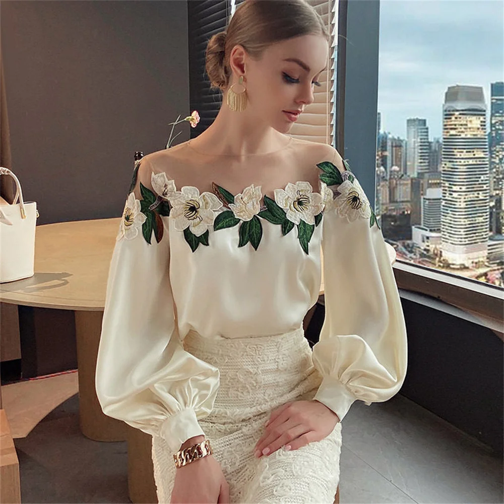

Chic Women's White Shirts Summer 2023 New in Embroidery Patchwork Long Sleeves Casual Fitting Top Elegant Formal Party Blouses
