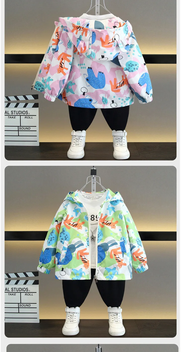 Hooded Sloth Print Jacket - Baby Girls Windbreaker Coat 1-6 Years