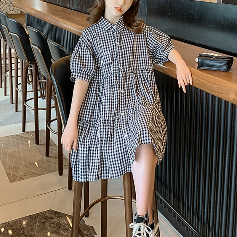 

Checkered shirt skirt for girls, black party, new summer dress, Korean short sleeved lapel 5 6 7 8 910, 1112 years old