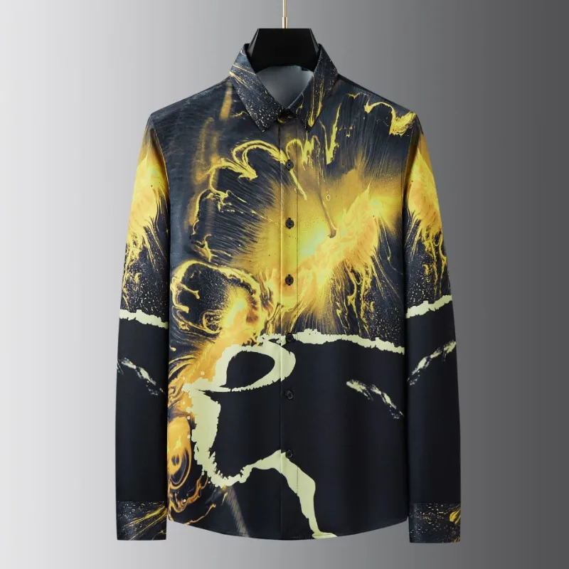 

Early spring new flame digital printed non ironing and wrinkle resistant men's long sleeved shirts factory direct sales
