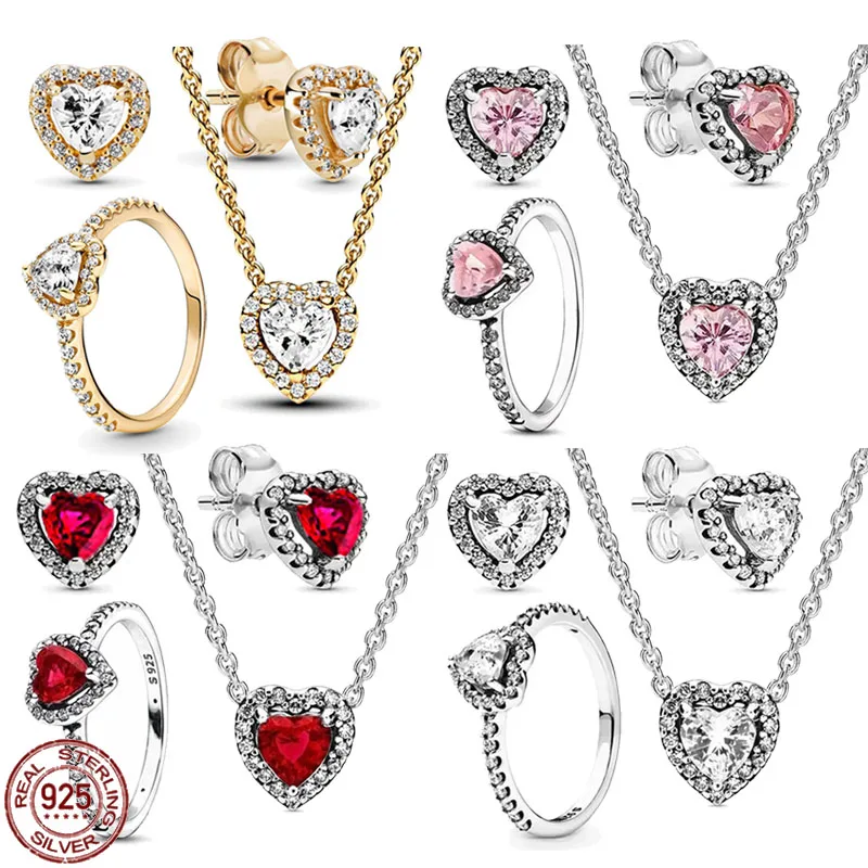 

925 Sterling Silver New Various Colors Classic Heart shaped Earrings Ring Necklace Exquisite Charm Jewelry Party Surprise Gifts