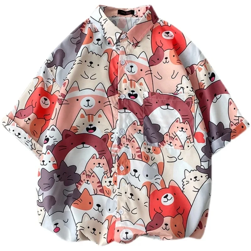 

Japan Anime Cartoon Printed Vintage Cargo Shirt Summer New Men Hawaiian Short Sleeve Casual Mens Women Couple Shirts Oversized