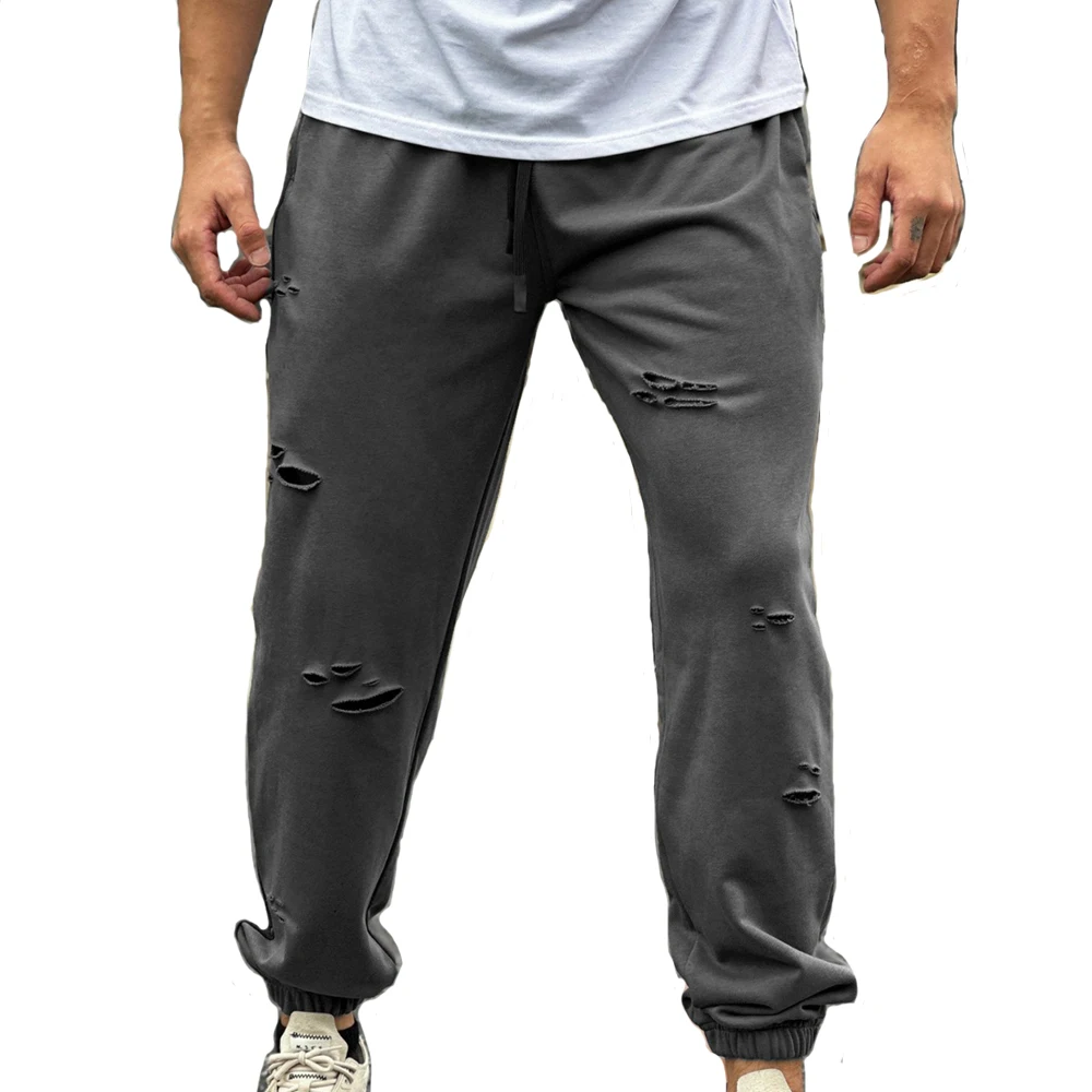 

Mens Casual Trousers Cotton Pants Kanye Dark Grey West Hip Hop Holes Sweatpants Joggers Male Loose Workout Running Sport Pants