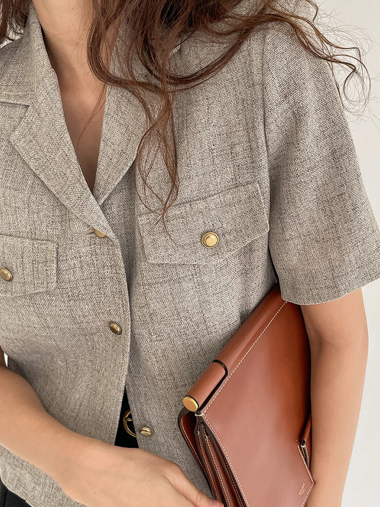 QOERLIN Design Summer New Cropped Blazers Women Elegant Short Sleeve Jacket Ladies Short Coat Chic Notched Single-Breasted Coat