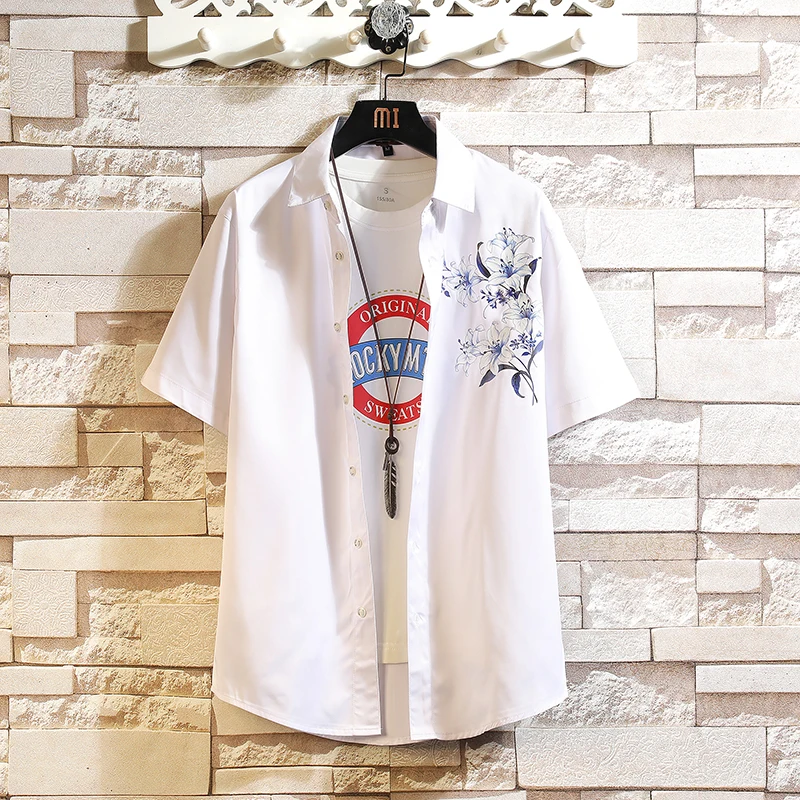 

M-XXXXXL Men's Casual Shirt Spring New Arrival Flower Print Short Sleeve Shirts Male Fashion Plus Size Beach Holiday Shirt 5XL