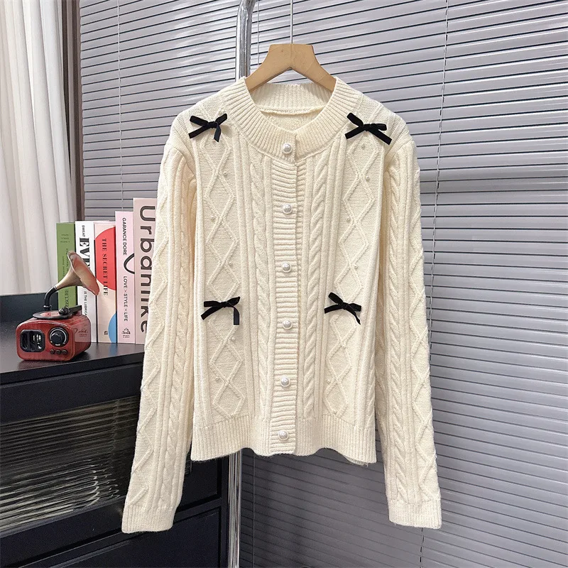 

Bow Pearl Beading Trend sweater For women White Color Full Sleeves knit cardigan coat Spring Sweet Jumper