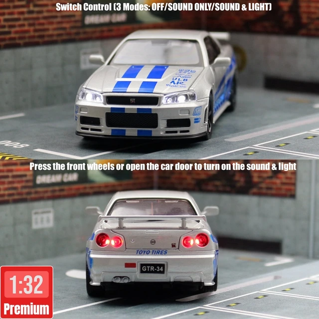 1/32 Nissan Skyline GTR R34 JDM Toy Car Model Diecast Vehicle Miniature Sound & Light Pull Back Collection Gift Children Boy 3