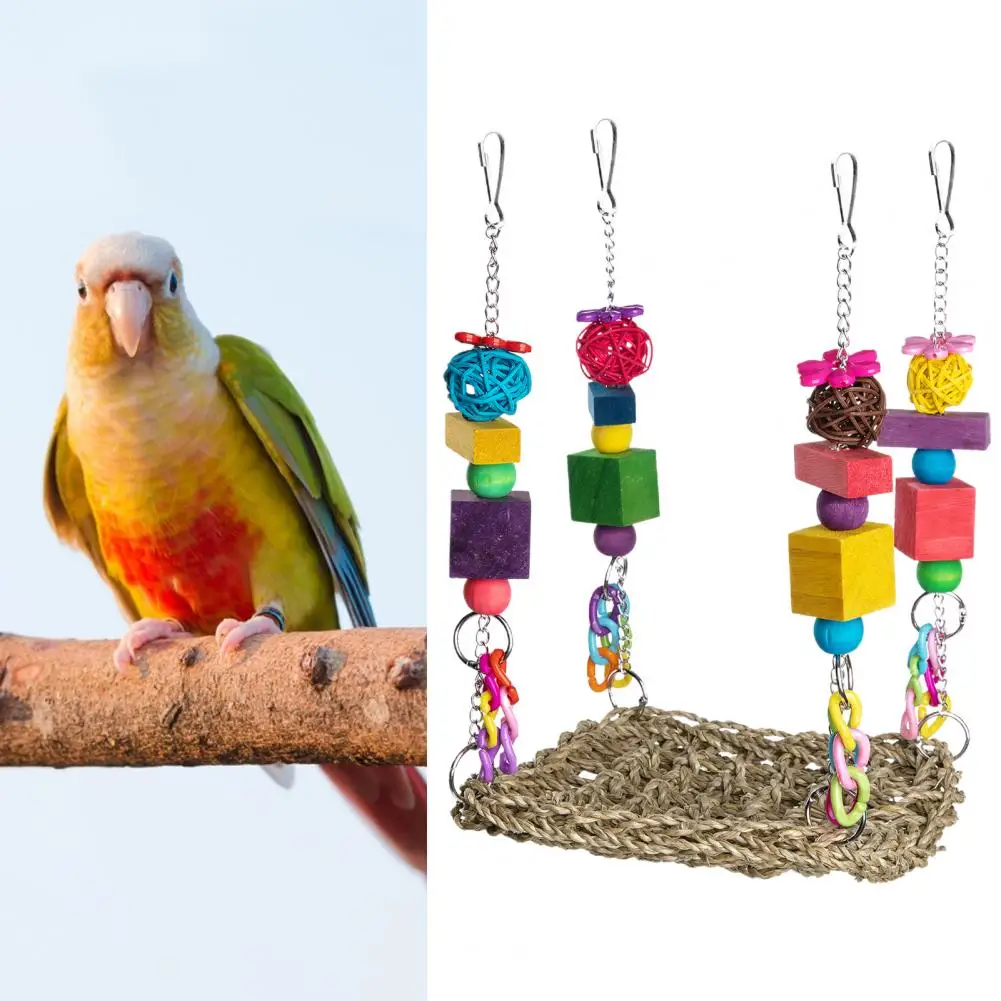 1Pc Bird Hammock Durable Wooden Grinding Mouth Chewing Toy Multi-functional Colorful Parrot Swing Climbing Toy Pet Supplies