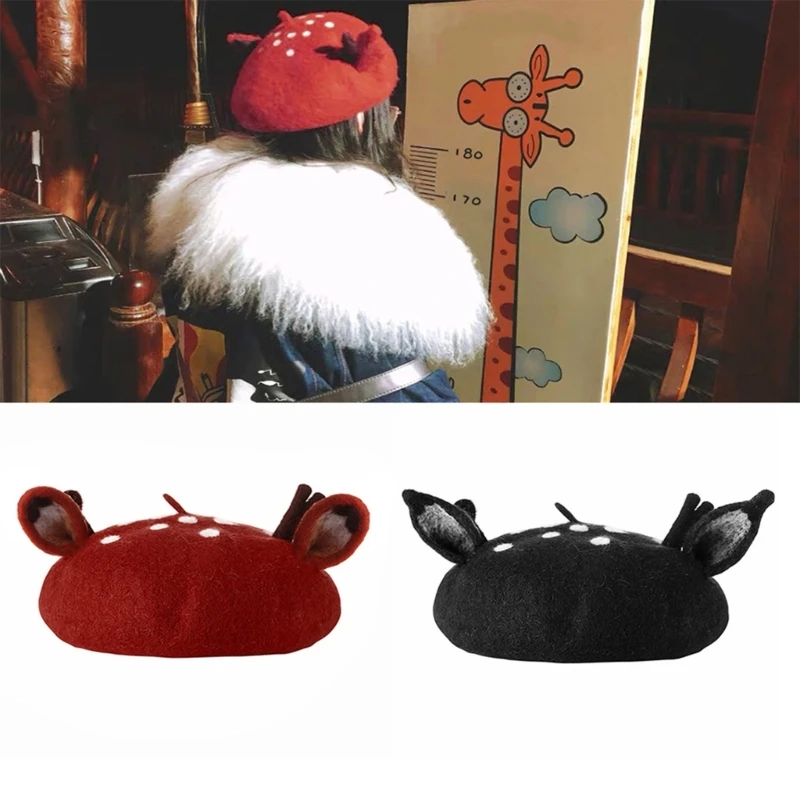 

Fall Winter French Hat for Women 3D Deer Antler Artist Cartoon Pumpkin Dropship