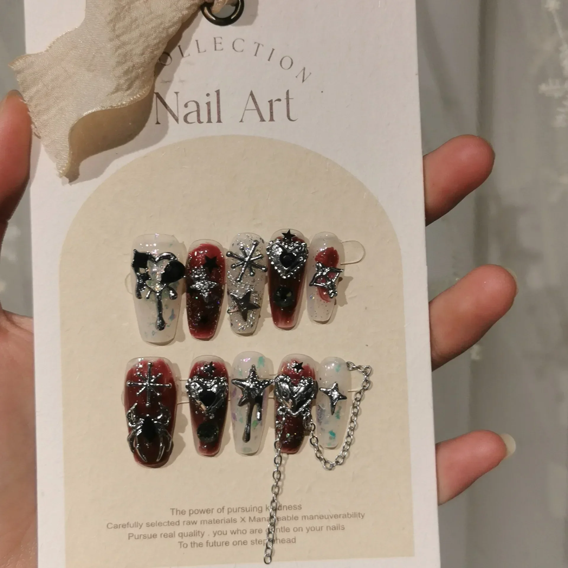 

10pcs ballet red fake nails with glue luxury industry croxing sweet cool hot girls y2k press on nails long full cover false nail