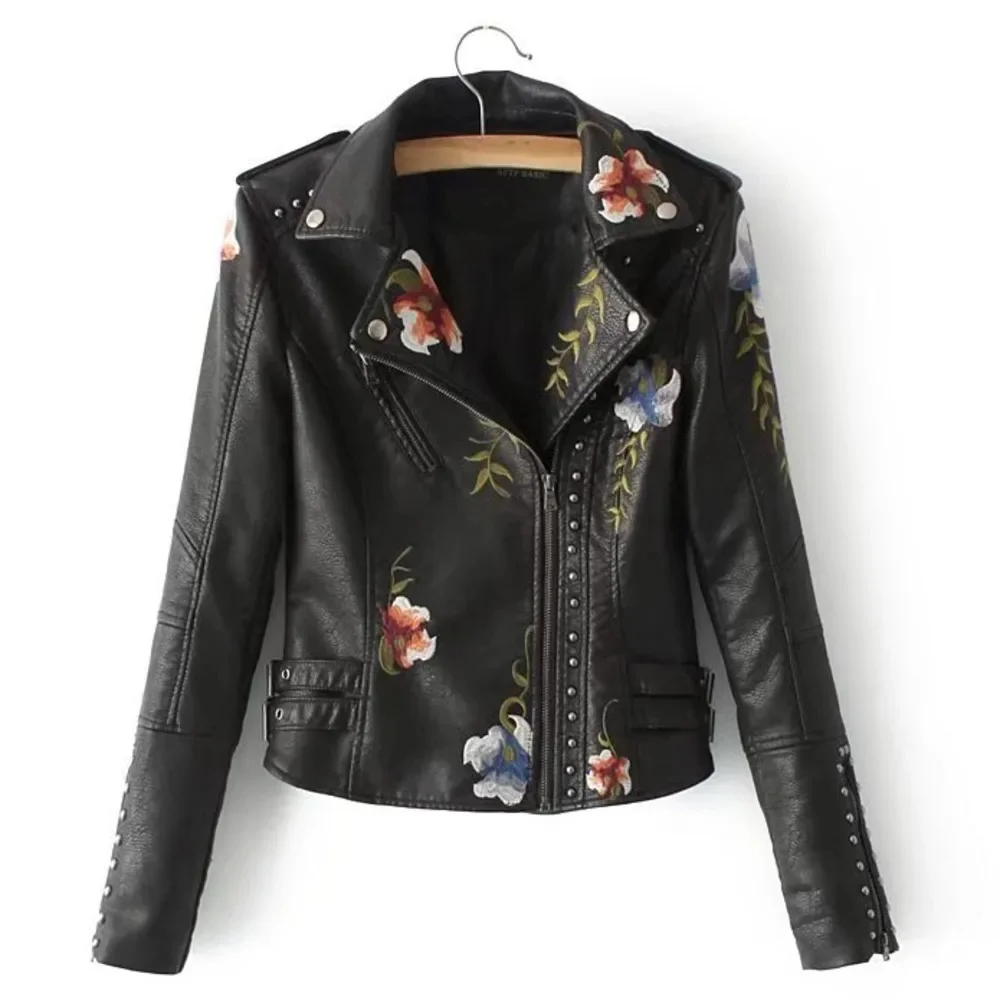 

2023 New Spring Men Women Faux PU Embroidery Slim Fashion Outwear Motorcycle Casual Coat Leather Jacket