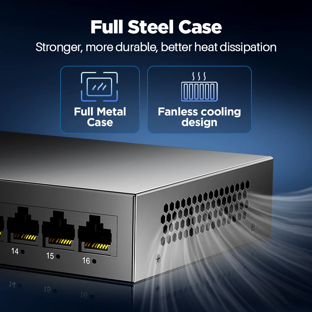 AMPCOM Network Switch 16 Ports Switch Ethernet 1000Mbps Gigabit High Performance Smart Switcher RJ45 Hub Internet Injector 6