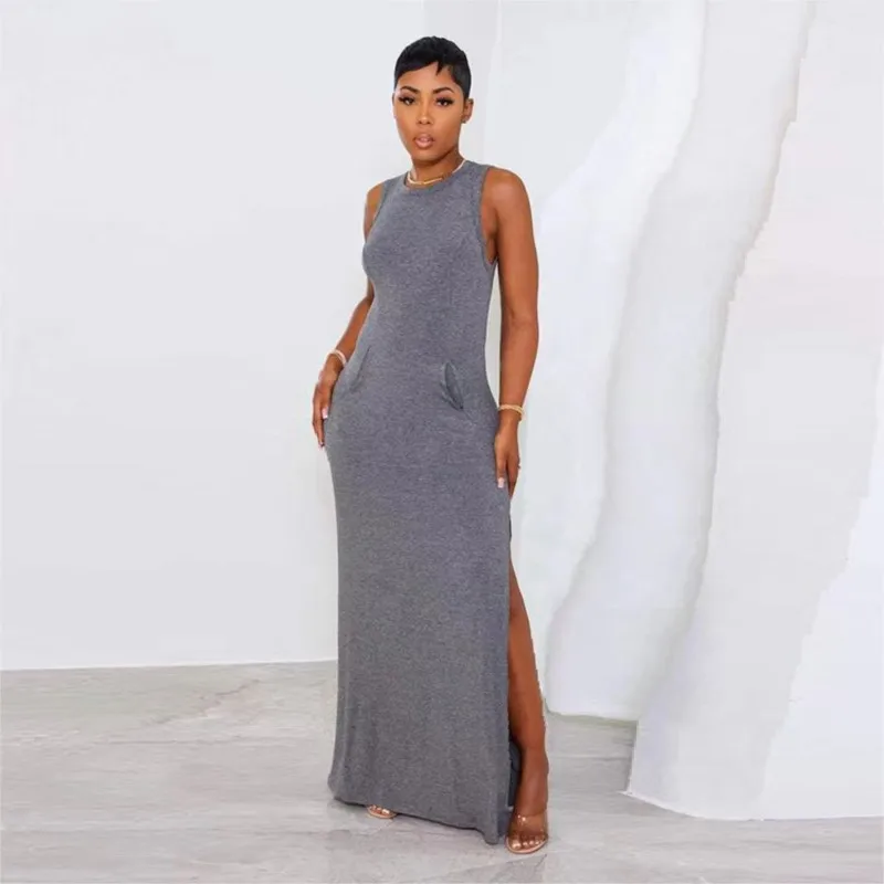 

African Dresses For Women Slim Sexy Long Dress Solid Knitted Dress Sleeveless Round Neck Slit Elegant Clothing Summer Vestido XL