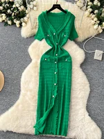 SINGREINY High Quality Elastic Knitted Long Sundress Women Short Sleeves Button Design Office Lady Vintage Split Slim Dress - Image 3