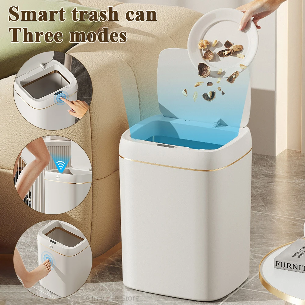 

11/13L Smart Sensor Trash Can with Lid Automatic Dustbin Electric Waste Bin Kitchen Bathroom Waterproof Wastebasket White Gold