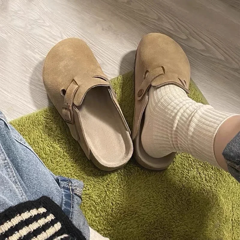 Women Faux Suede Flat Birken Slippers Autumn Woman Vintage Close Toe Mules Shoes Female Soft Sole Cork Slides Outdoor Slippers 1