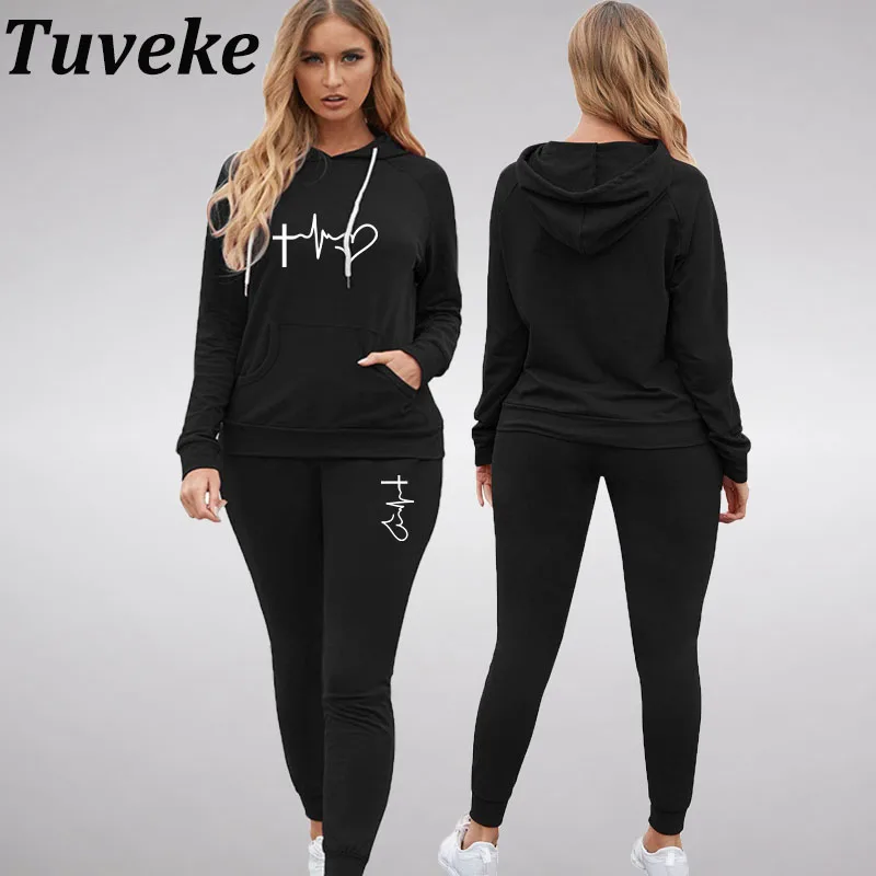 Tuveke Women's Faith Print Autumn/Winter Hoodie Set Sports Pullover + Drawstring Pants Solid Color Casual Women's Sports Set