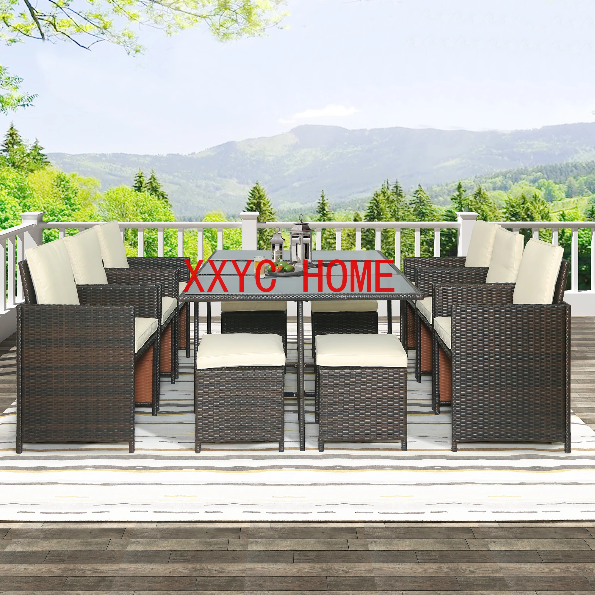 

11 or 9 PCS Outdoor Patio Rattan Wicker Dining Table Set Garden Courtyard Furniture Sets 6 Armchairs+4 Stools+1 Table[US-Stock]