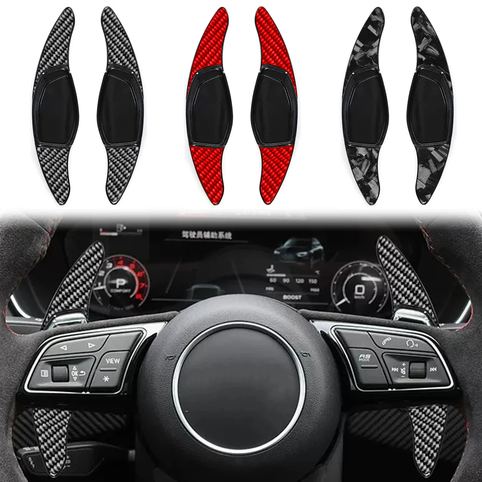 

Car-syting for Audi RS3 RS4 RS5 RS6 RS7 R8 Q3 Q8 TT Real Carbon Fiber ABS Car Interior Sticker Steering Wheel Shift Paddles