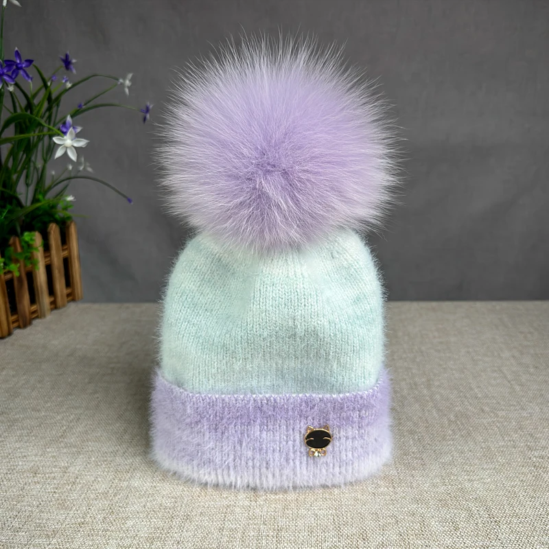 2025 New wool High quality Winter Hats Soft Beanies Hat For Women Classic Knit Girl Hat natural fur pompom hat Warm Cap 6