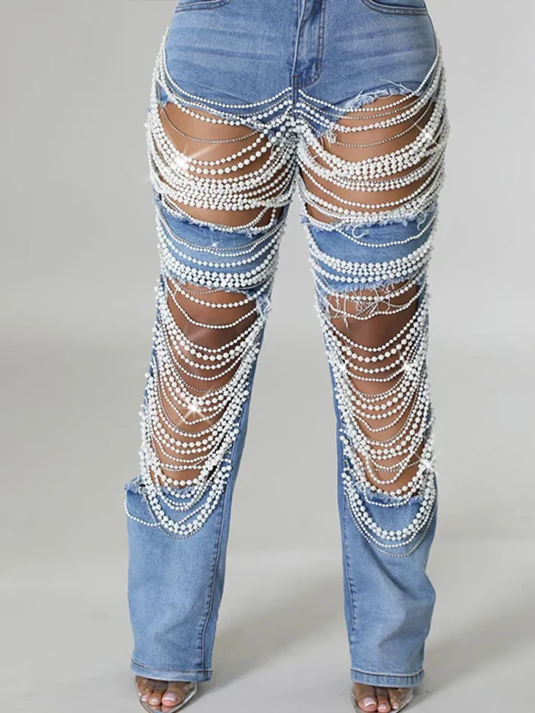 Pantalones vaqueros con perlas ahuecadas de talla grande