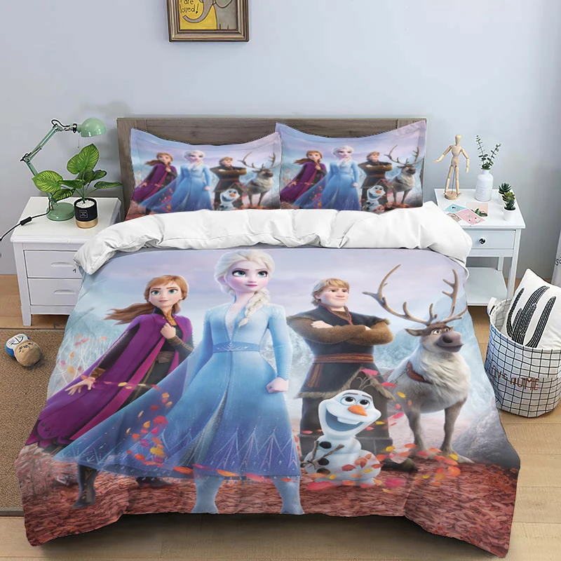Juego de cama de tres piezas con estampado de dibujos animados de Disney Frozen Elsa y funda de almohada para niños o adultos, tamaño King, Queen, Full y Twin