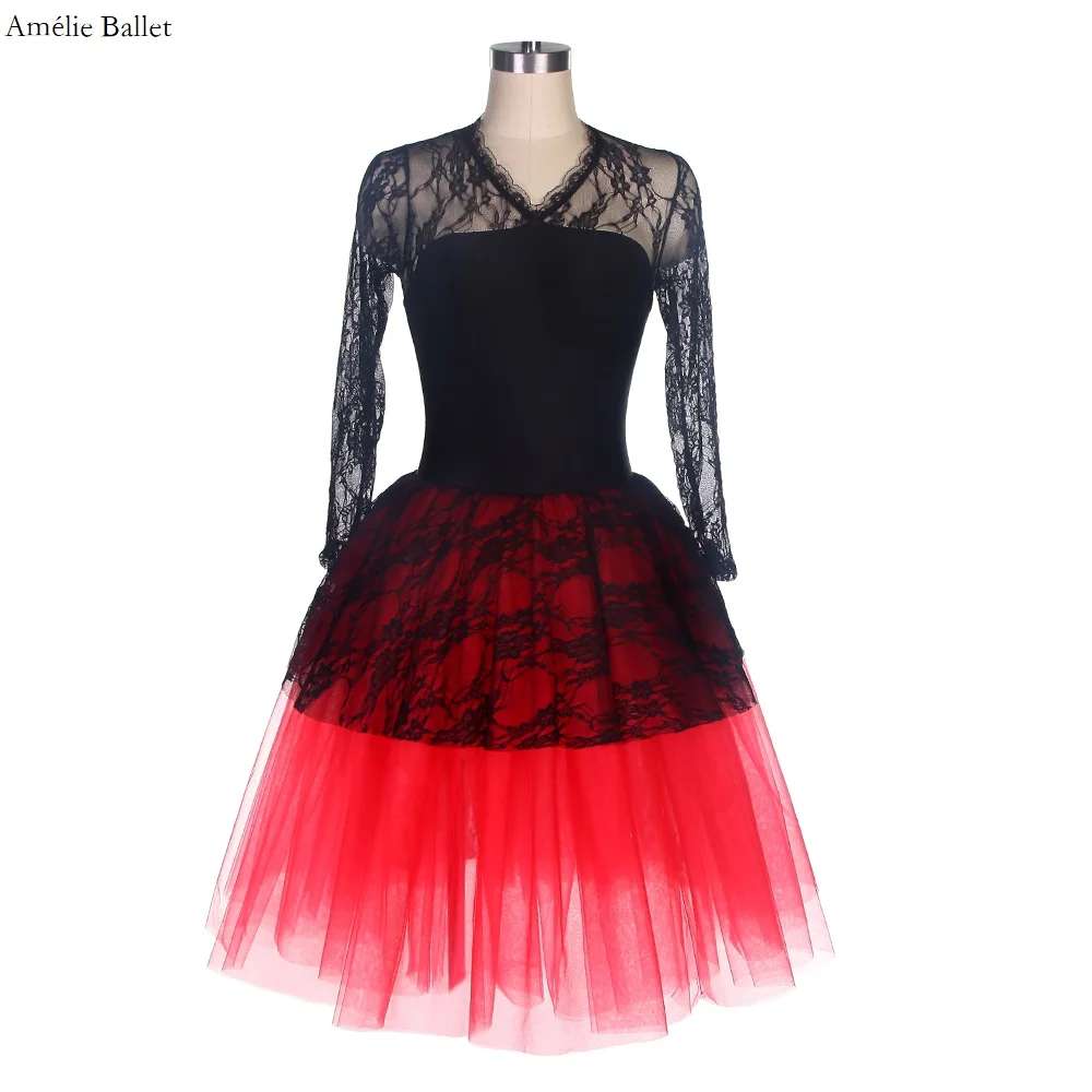 

19827 Long Sleeve Black Lace Black Spandex Leotard with Red Layer Tulle Romantic Long Ballet Tutu for Girl & Women Dancing Dress