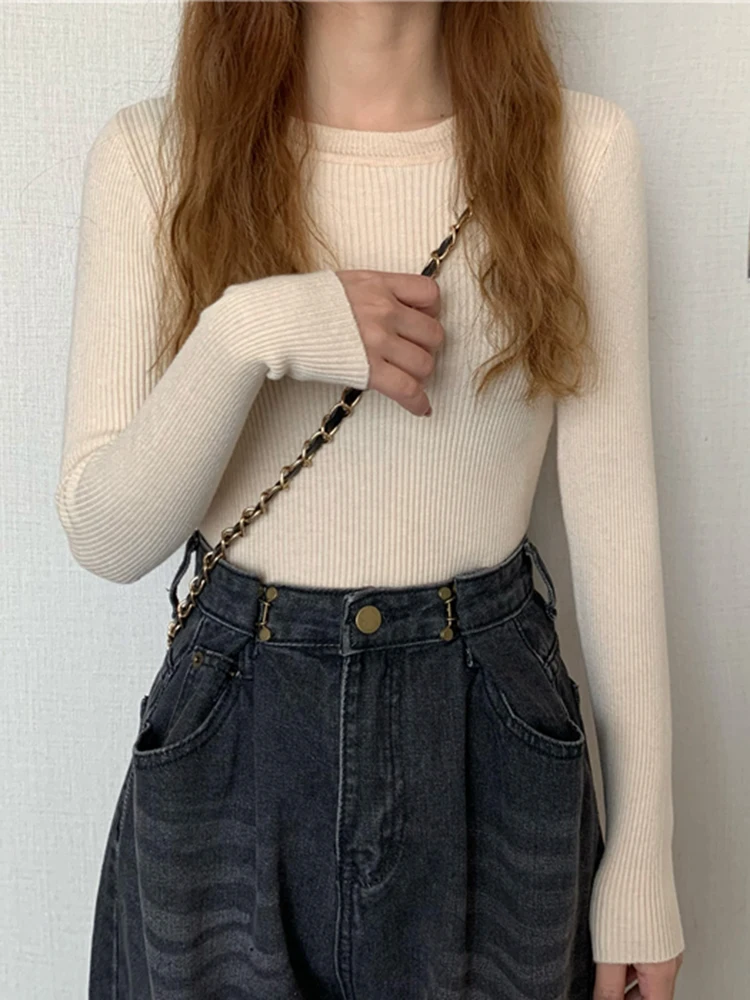 سترة نسائية جديدة لعام 2025 بلوفر بأكمام طويلة للخريف والشتاء سترة أساسية على الموضة برقبة دائرية سترة نسائية شتوية محبوكة متينة 5