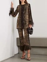 Onecozyday 2024 Women's Fashion Leopard Printed Round Neck Long Sleeves Shirt Top High Wasit Pants Feathers High Street Outfits 1