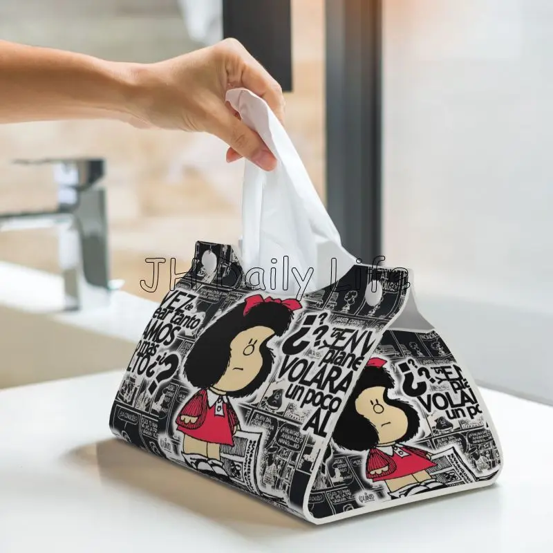 Cute Mafalda Print Tissue Box Cover Rectangular PU Leather Tissue Box Holder Personalized Tissue Holders for Home Office Car 5