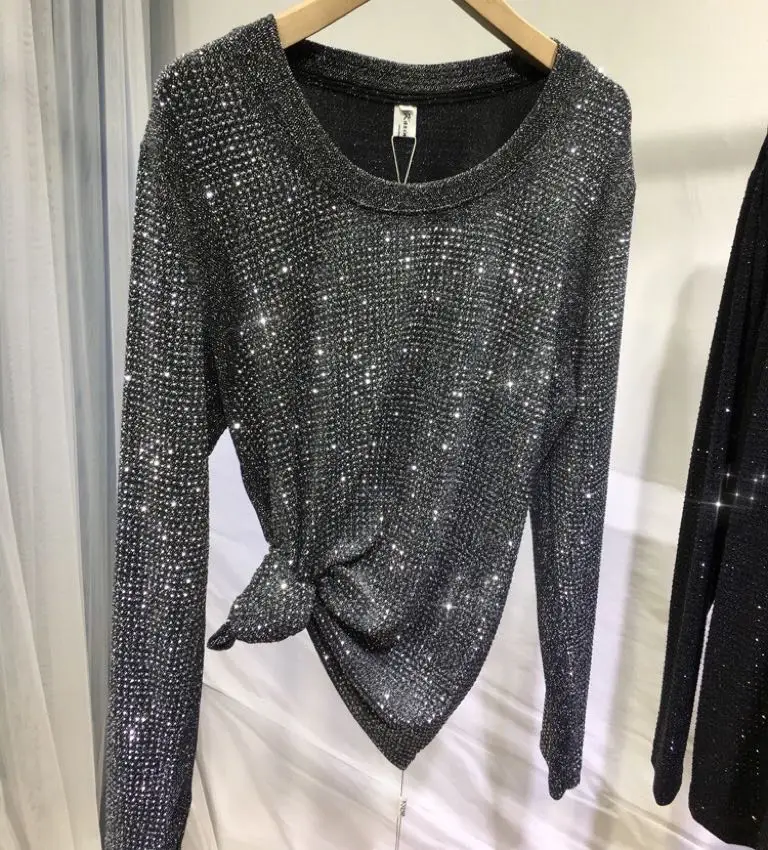 

Streetwear Hot Drilling Silver Shiny Crystal Bottoming Shirt Tees Women's Loose Long Sleeve T-Shirt Top 2023 New Autumn Clothes